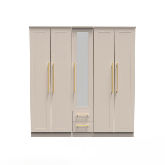 Haworth Tall Mirror Wardrobe Off-White 5 Doors 2 Shelves 2 Drawers 196cm