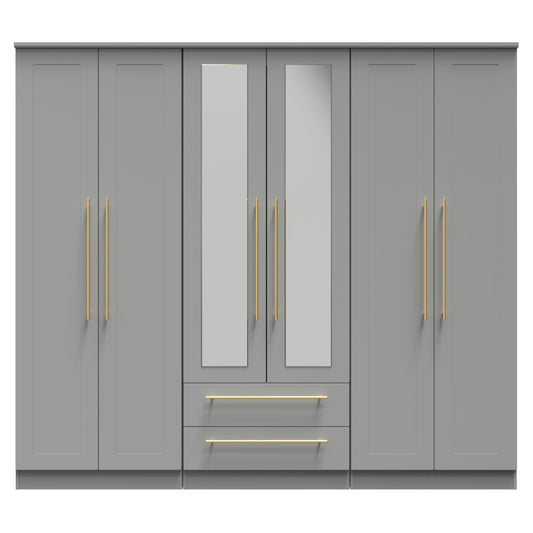 Haworth Tall Mirror Wardrobe Grey 6 Doors 2 Shelves 2 Drawers 222cm