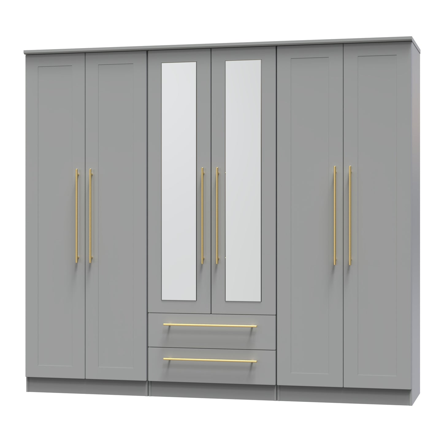 Haworth Tall Mirror Wardrobe Grey 6 Doors 2 Shelves 2 Drawers 222cm