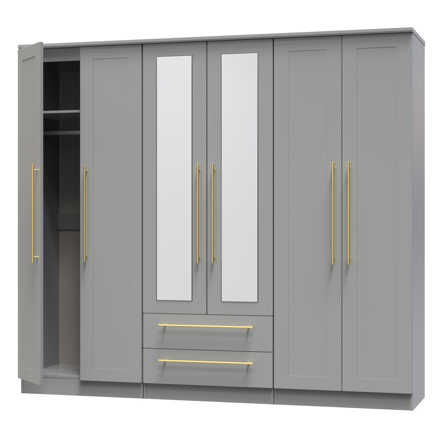 Haworth Tall Mirror Wardrobe Grey 6 Doors 2 Shelves 2 Drawers 222cm