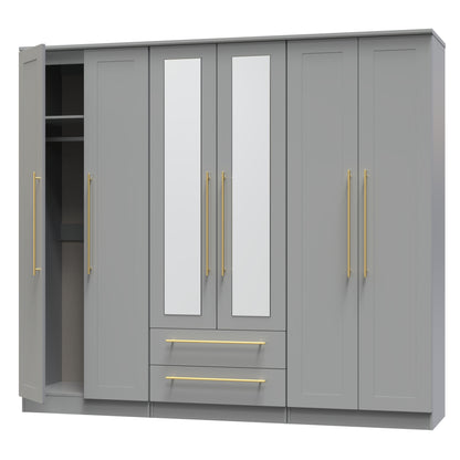 Haworth Tall Mirror Wardrobe Grey 6 Doors 2 Shelves 2 Drawers 222cm