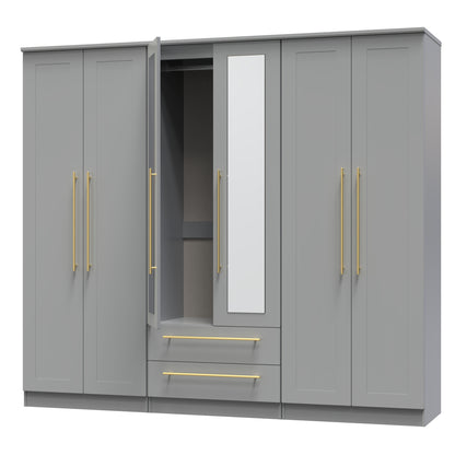 Haworth Tall Mirror Wardrobe Grey 6 Doors 2 Shelves 2 Drawers 222cm