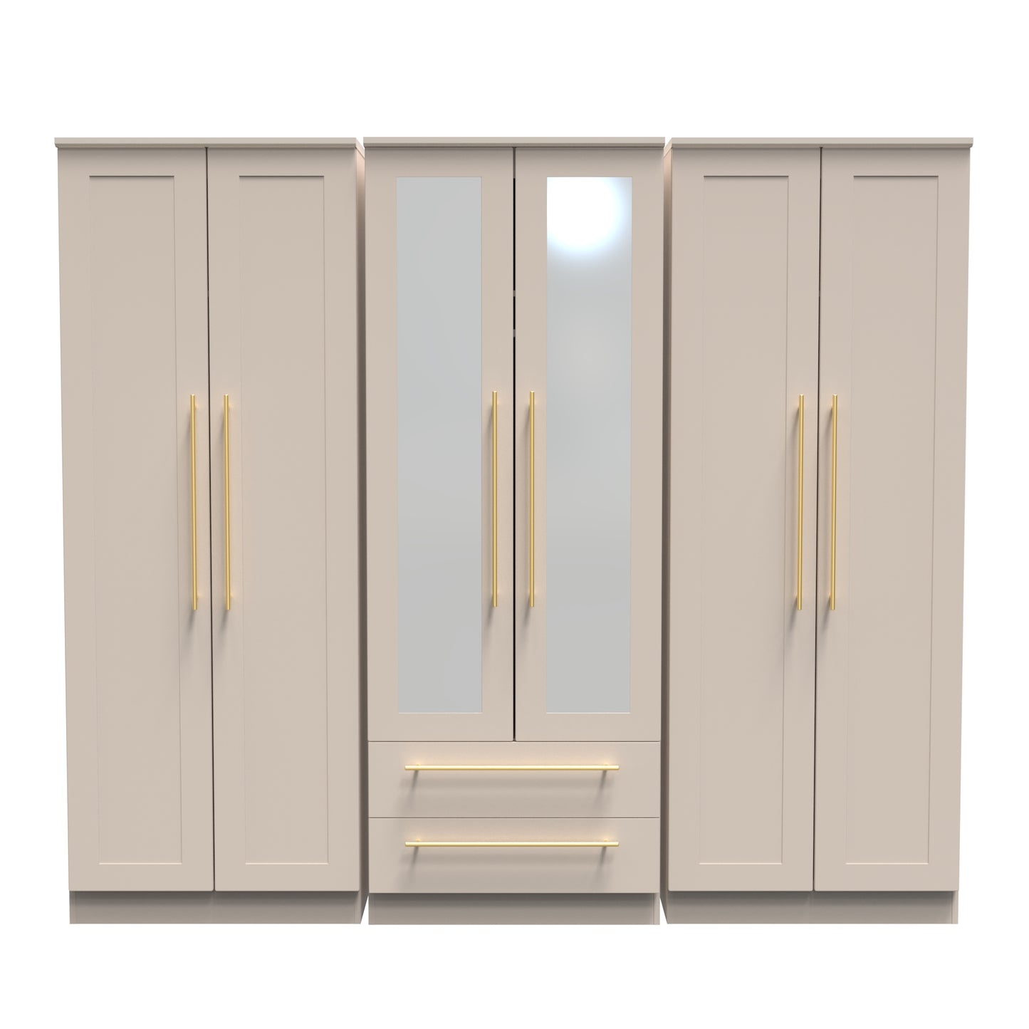 Haworth Tall Mirror Wardrobe Off-White 6 Doors 2 Shelves 2 Drawers 222cm