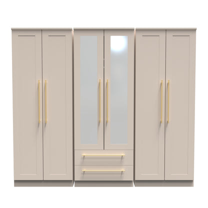 Haworth Tall Mirror Wardrobe Off-White 6 Doors 2 Shelves 2 Drawers 222cm