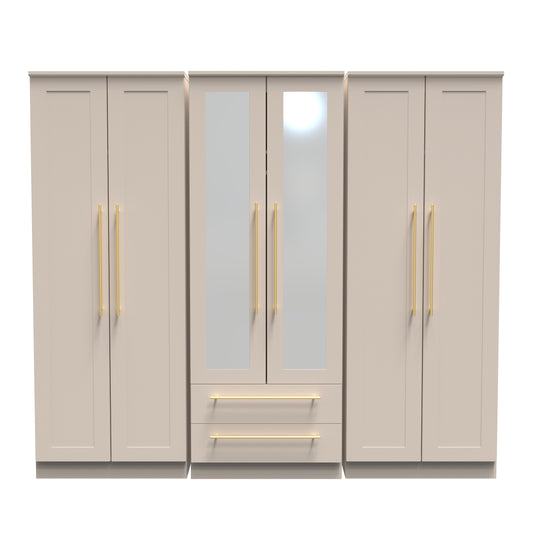 Haworth Tall Mirror Wardrobe Off-White 6 Doors 2 Shelves 2 Drawers 222cm