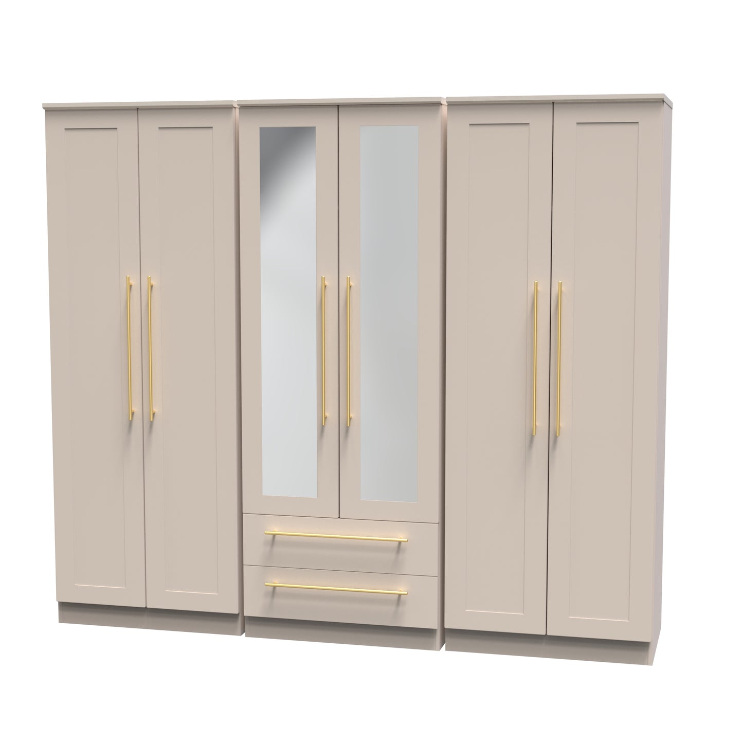 Haworth Tall Mirror Wardrobe Off-White 6 Doors 2 Shelves 2 Drawers 222cm