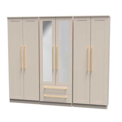 Haworth Tall Mirror Wardrobe Off-White 6 Doors 2 Shelves 2 Drawers 222cm