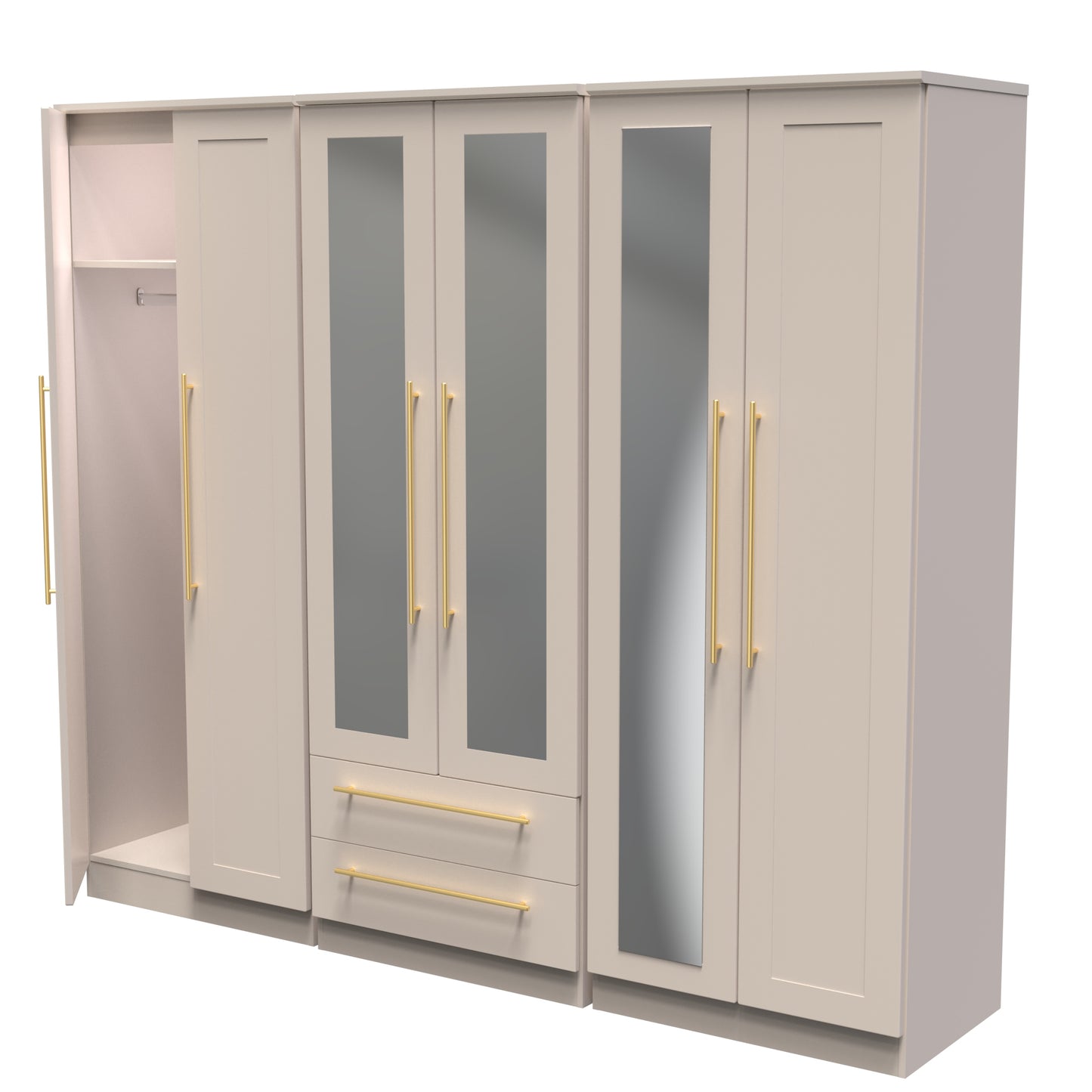 Haworth Tall Mirror Wardrobe Off-White 6 Doors 2 Shelves 2 Drawers 222cm