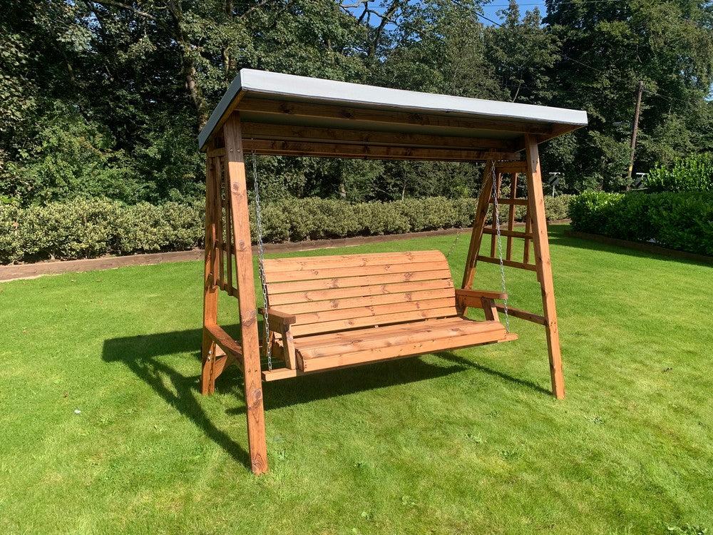 Scandinavian Redwood Garden Swing Seat by Charles Taylor - 3 Seats Grey Cushions