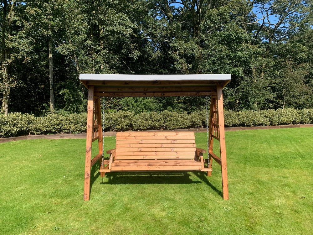 Scandinavian Redwood Garden Swing Seat by Charles Taylor - 3 Seats Grey Cushions