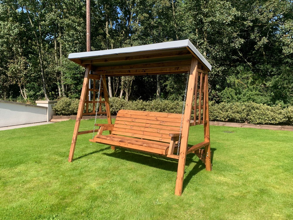 Scandinavian Redwood Garden Swing Seat by Charles Taylor - 3 Seats Grey Cushions