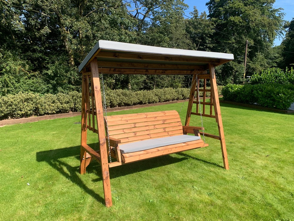Scandinavian Redwood Garden Swing Seat by Charles Taylor - 3 Seats Grey Cushions