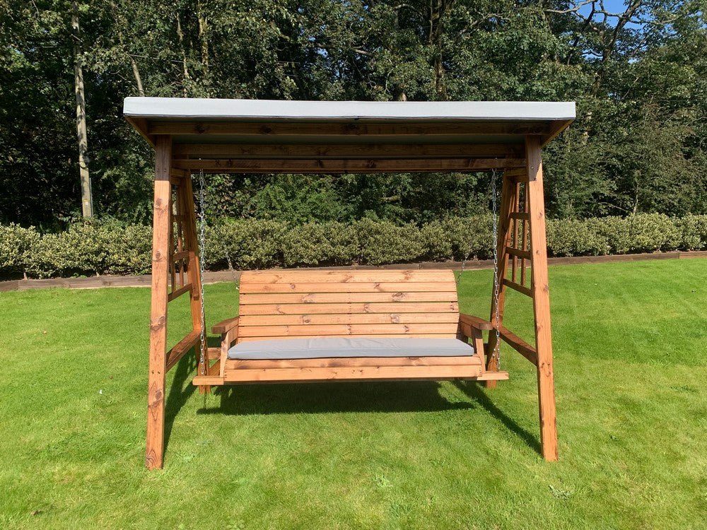 Scandinavian Redwood Garden Swing Seat by Charles Taylor - 3 Seats Grey Cushions