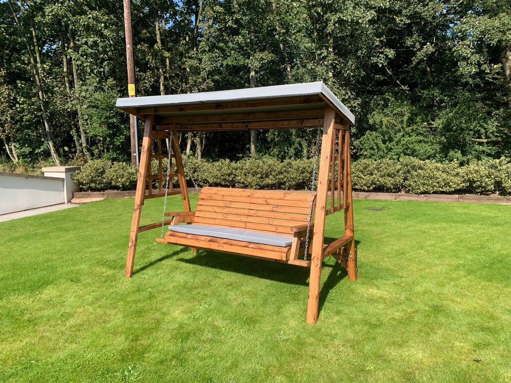 Scandinavian Redwood Garden Swing Seat by Charles Taylor - 3 Seats Grey Cushions
