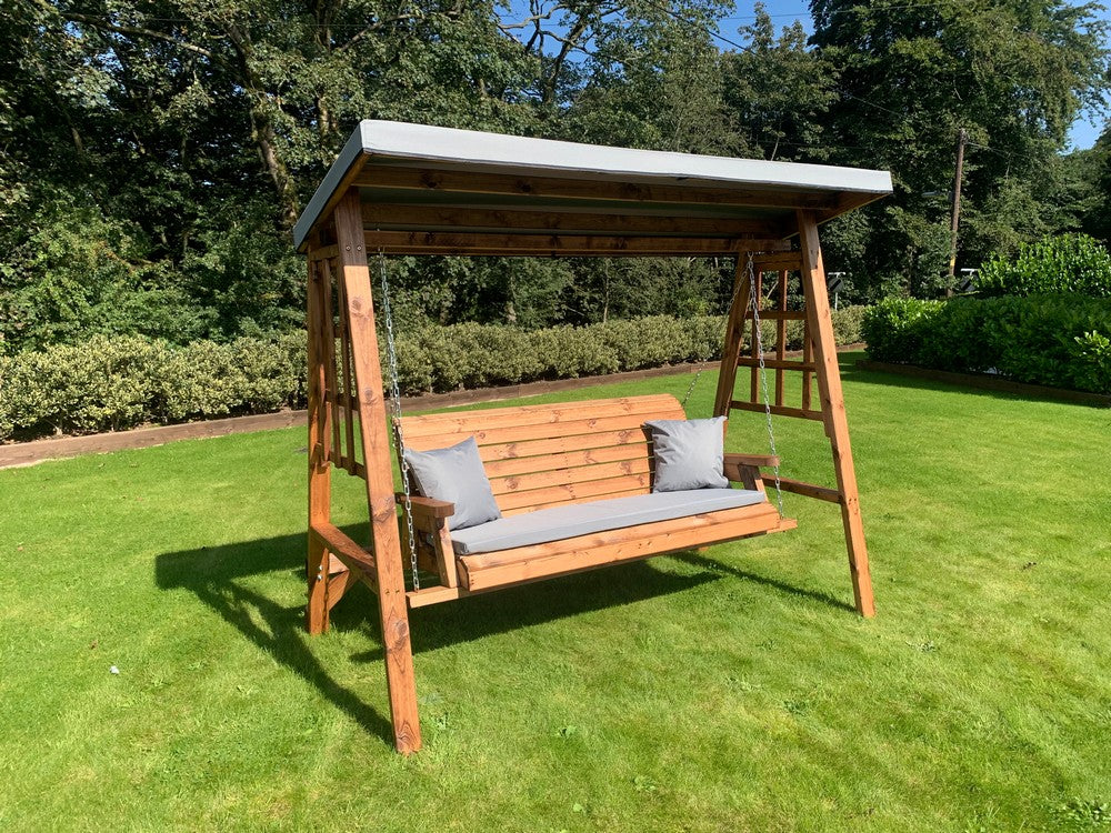 Scandinavian Redwood Garden Swing Seat by Charles Taylor - 3 Seats Grey Cushions