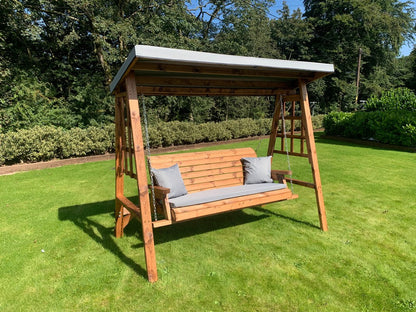 Scandinavian Redwood Garden Swing Seat by Charles Taylor - 3 Seats Grey Cushions