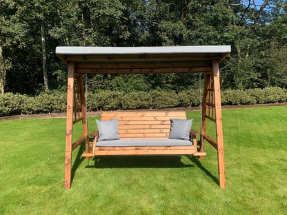 Scandinavian Redwood Garden Swing Seat by Charles Taylor - 3 Seats Grey Cushions