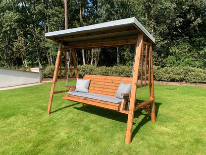 Scandinavian Redwood Garden Swing Seat by Charles Taylor - 3 Seats Grey Cushions