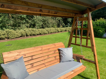 Scandinavian Redwood Garden Swing Seat by Charles Taylor - 3 Seats Grey Cushions