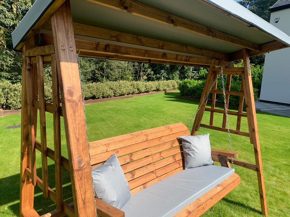 Scandinavian Redwood Garden Swing Seat by Charles Taylor - 3 Seats Grey Cushions