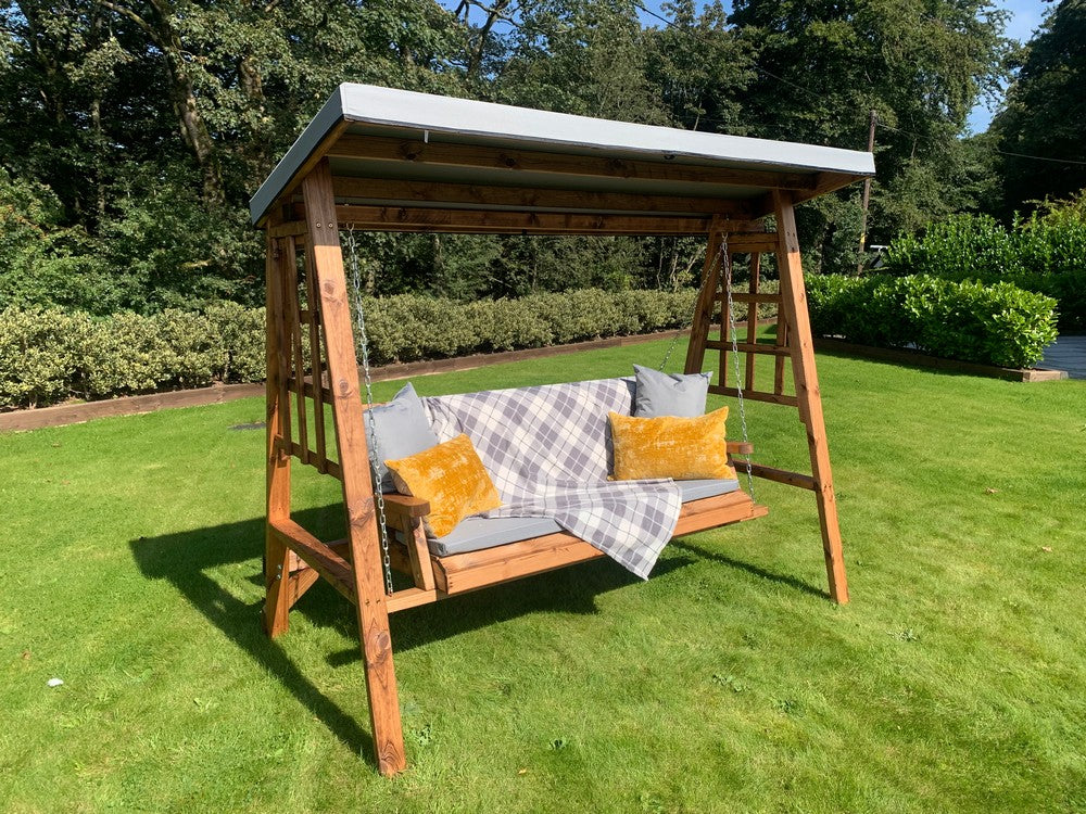Scandinavian Redwood Garden Swing Seat by Charles Taylor - 3 Seats Grey Cushions