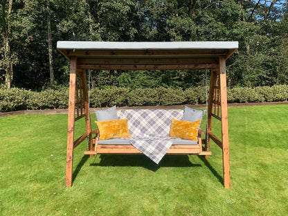 Scandinavian Redwood Garden Swing Seat by Charles Taylor - 3 Seats Grey Cushions