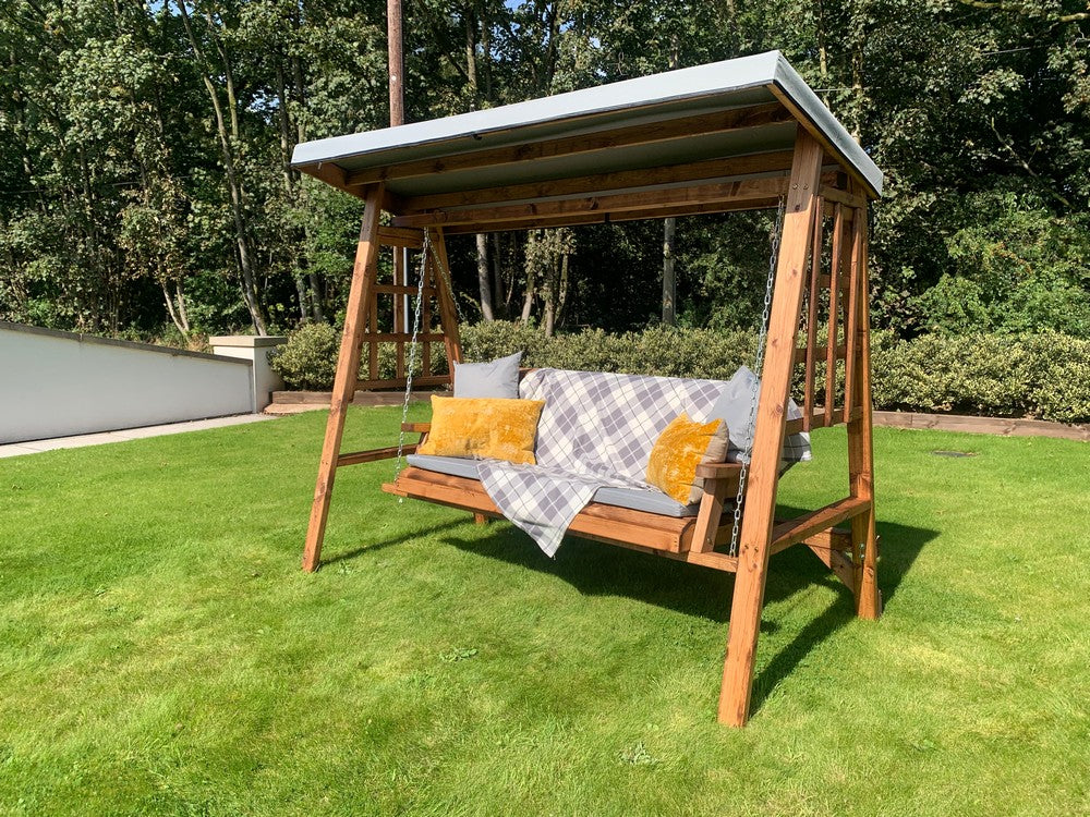 Scandinavian Redwood Garden Swing Seat by Charles Taylor - 3 Seats Grey Cushions