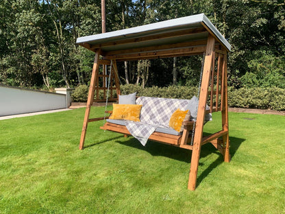 Scandinavian Redwood Garden Swing Seat by Charles Taylor - 3 Seats Grey Cushions