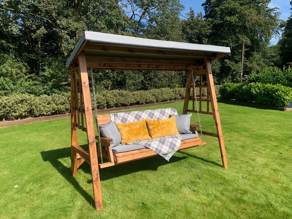 Scandinavian Redwood Garden Swing Seat by Charles Taylor - 3 Seats Grey Cushions