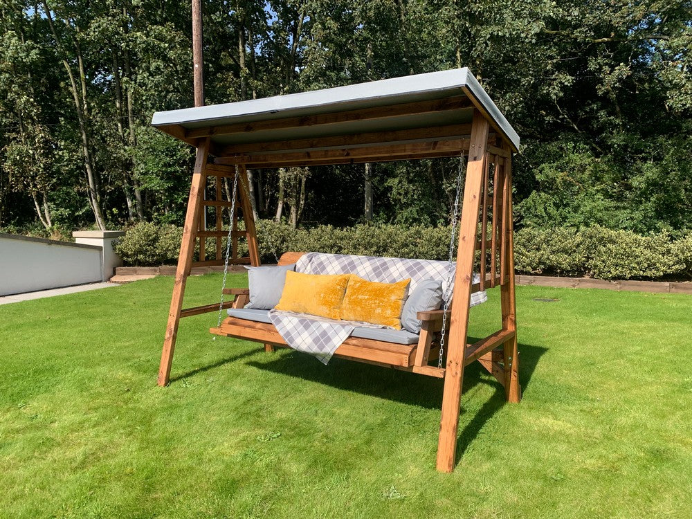Scandinavian Redwood Garden Swing Seat by Charles Taylor - 3 Seats Grey Cushions