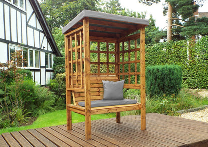 Scandinavian Redwood Garden Arbour by Charles Taylor - 2 Seats Grey Cushions