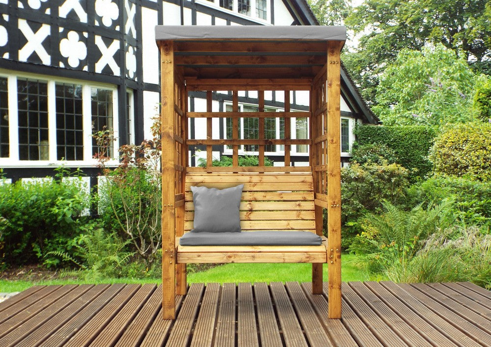Scandinavian Redwood Garden Arbour by Charles Taylor - 2 Seats Grey Cushions