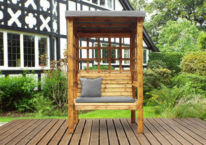 Scandinavian Redwood Garden Arbour by Charles Taylor - 2 Seats Grey Cushions
