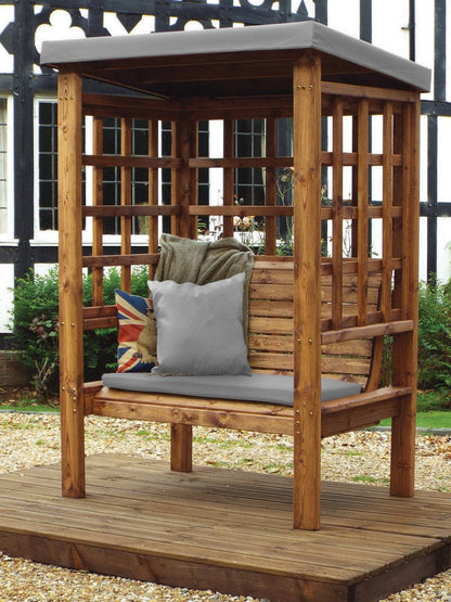 Scandinavian Redwood Garden Arbour by Charles Taylor - 2 Seats Grey Cushions