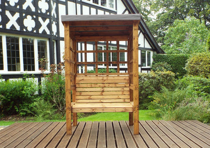 Scandinavian Redwood Garden Arbour by Charles Taylor - 2 Seats Grey Cushions