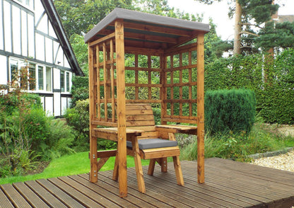 Scandinavian Redwood Natural Garden Chair Arbour by Charles Taylor with Grey Cushions