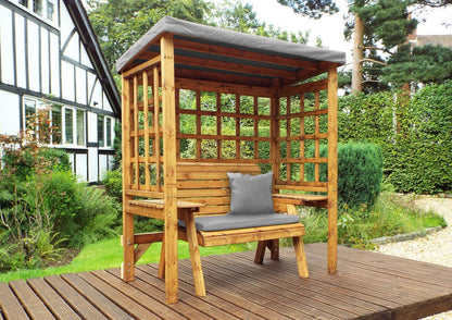 Scandinavian Redwood Garden Arbour by Charles Taylor - 2 Seats Grey Cushions