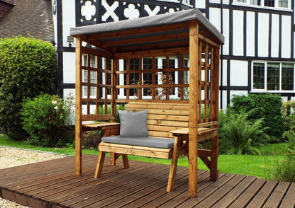 Scandinavian Redwood Garden Arbour by Charles Taylor - 2 Seats Grey Cushions