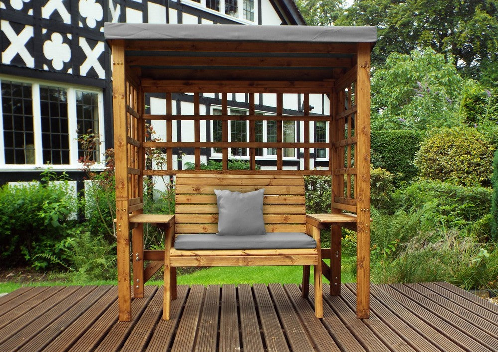 Scandinavian Redwood Garden Arbour by Charles Taylor - 2 Seats Grey Cushions