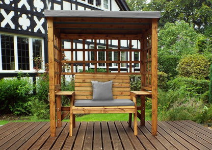 Scandinavian Redwood Garden Arbour by Charles Taylor - 2 Seats Grey Cushions