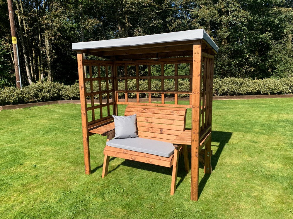 Scandinavian Redwood Garden Arbour by Charles Taylor - 2 Seats Grey Cushions