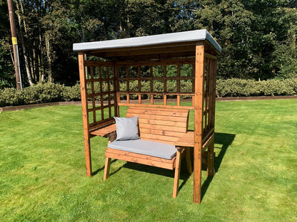 Scandinavian Redwood Garden Arbour by Charles Taylor - 2 Seats Grey Cushions