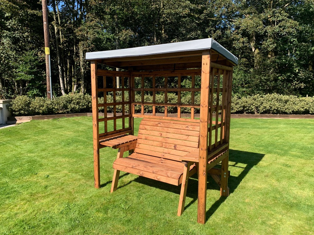 Scandinavian Redwood Garden Arbour by Charles Taylor - 2 Seats Grey Cushions