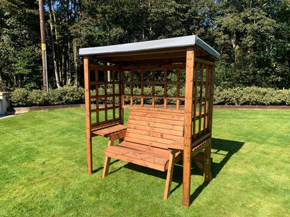 Scandinavian Redwood Garden Arbour by Charles Taylor - 2 Seats Grey Cushions