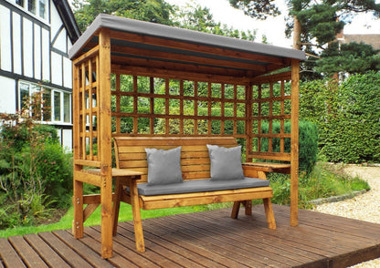 Scandinavian Redwood Garden Arbour by Charles Taylor - 3 Seats Grey Cushions