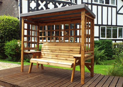 Scandinavian Redwood Garden Arbour by Charles Taylor - 3 Seats Grey Cushions