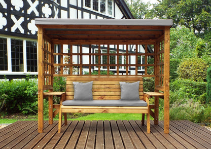 Scandinavian Redwood Garden Arbour by Charles Taylor - 3 Seats Grey Cushions