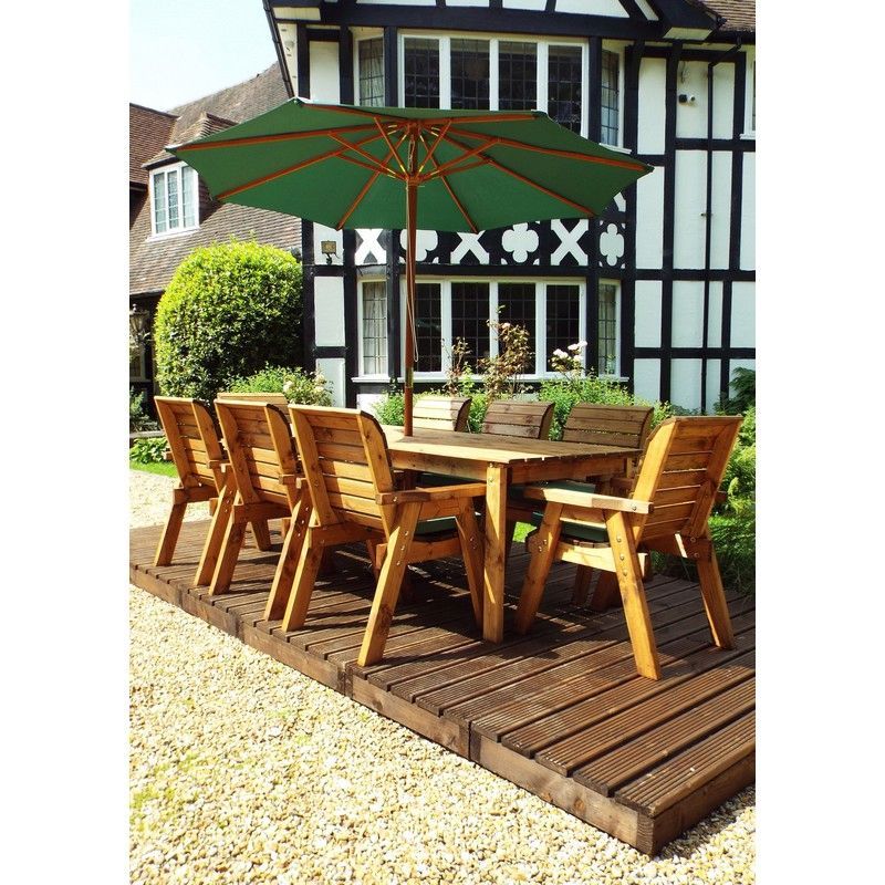 Scandinavian Redwood Garden Patio Dining Set by Charles Taylor - 8 Seats Green Cushions