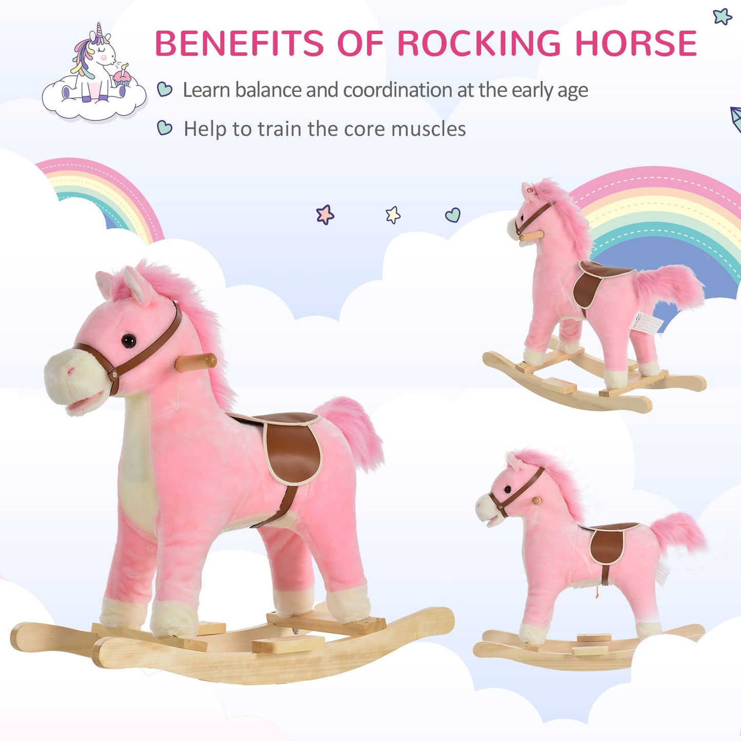 Kids Plush Rocking Horse w/ Sound Moving Mouth Wagging Tail Children Rocker Ride On Toy Gift 36 - 72 Months Pink