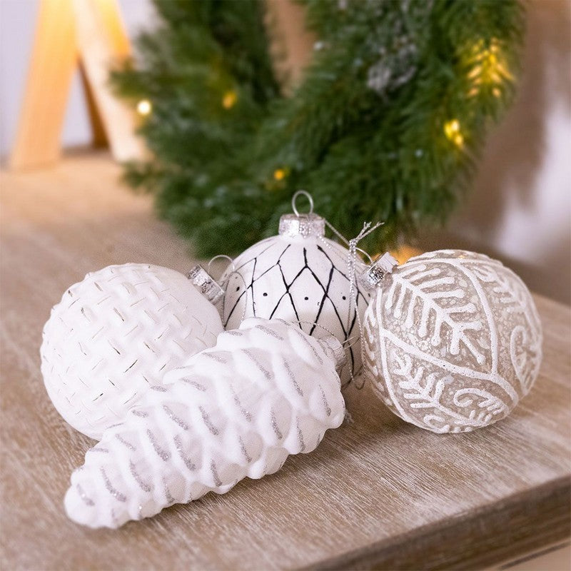 12 x Christmas Tree Baubles Decoration White & Silver with Glitter Pattern - 13cm Scandi by Wensum Primary Image